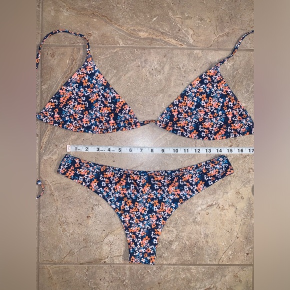 Shein Blue Orange Floral String Triangle Top Cheeky Bikini Set - Size Medium - Picture 6 of 8